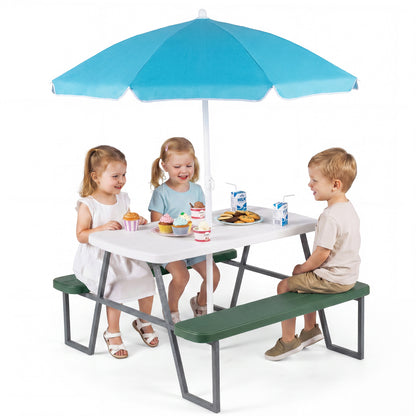 Green Kids Picnic Table With Umbrella Benches | Seats 4