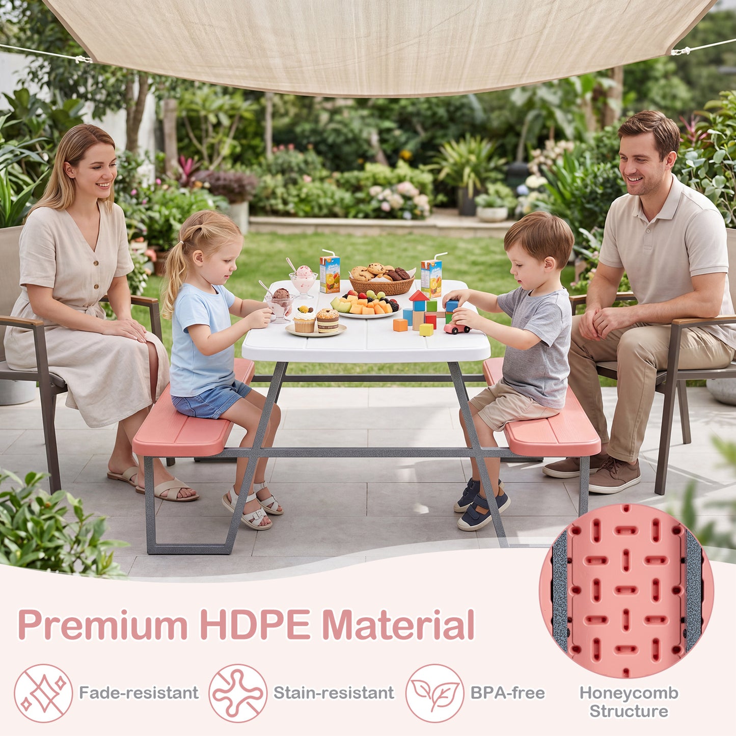 Pink Kids Picnic Table With Umbrella Benches | Seats 4