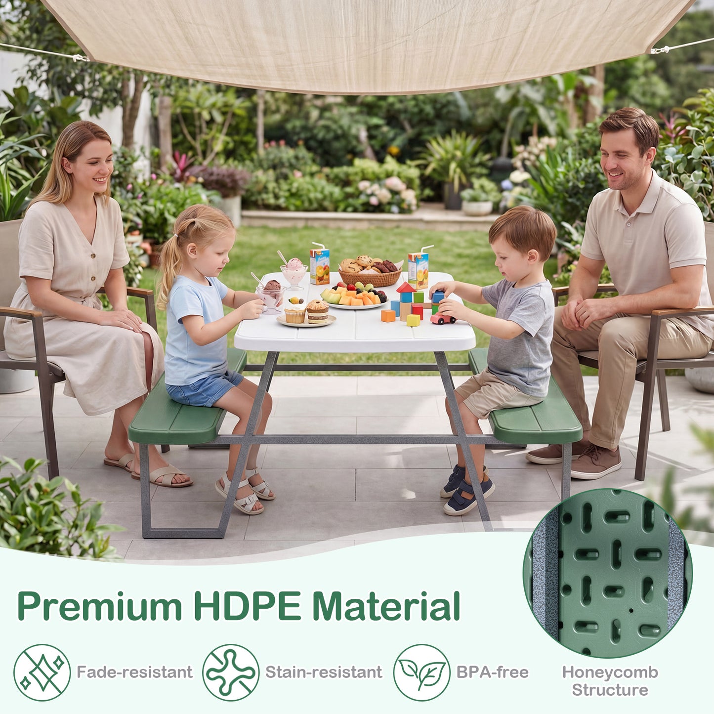 Green Kids Picnic Table With Umbrella Benches | Seats 4