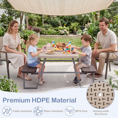 Kids Picnic Table With Umbrella & Benches | Brown Seats 4