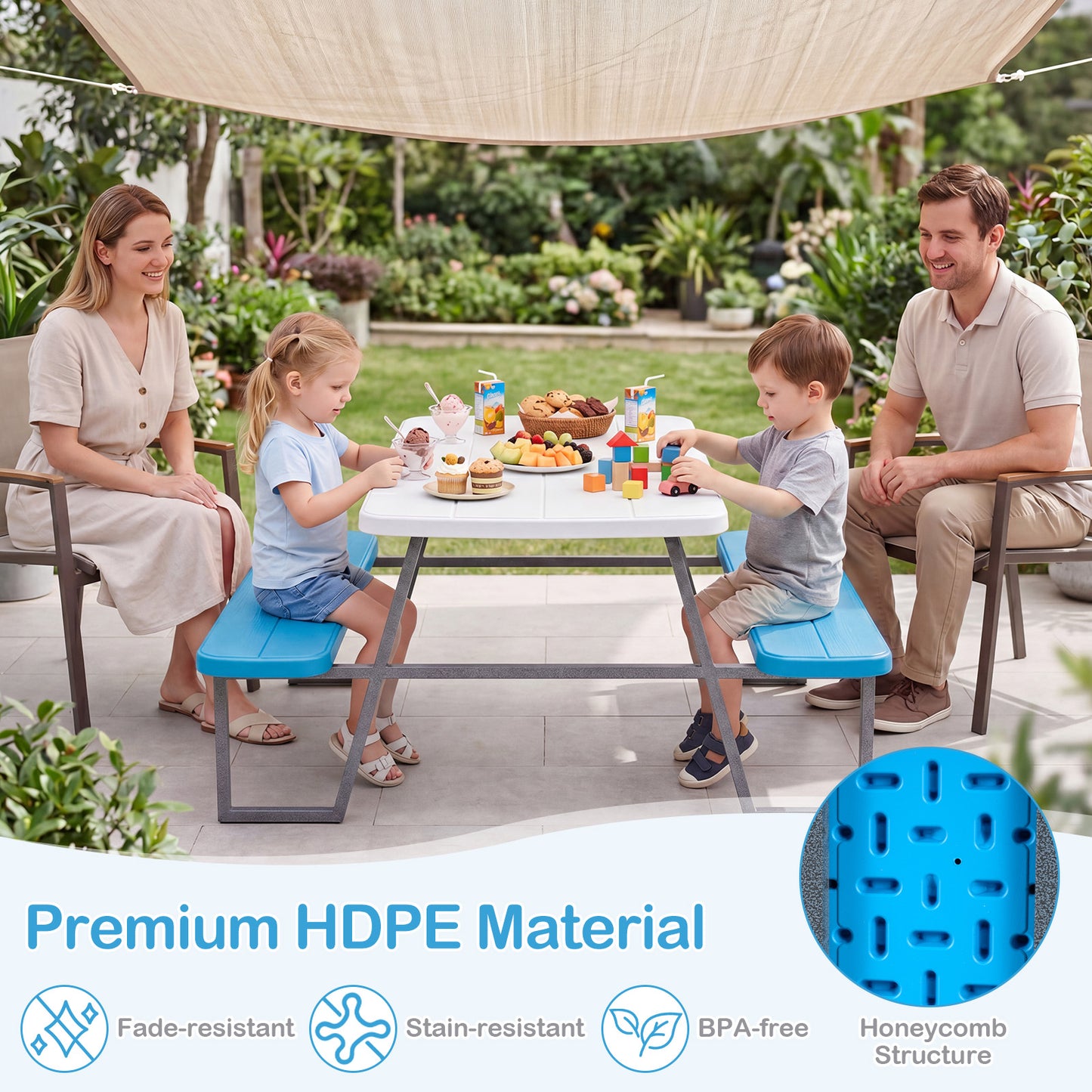 Blue Kids Picnic Table with Benches & Umbrella | Seats 4