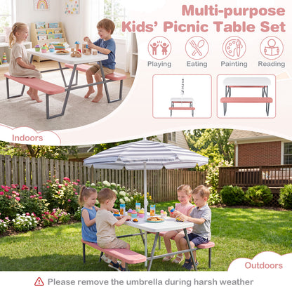 Pink Kids Picnic Table With Umbrella Benches | Seats 4