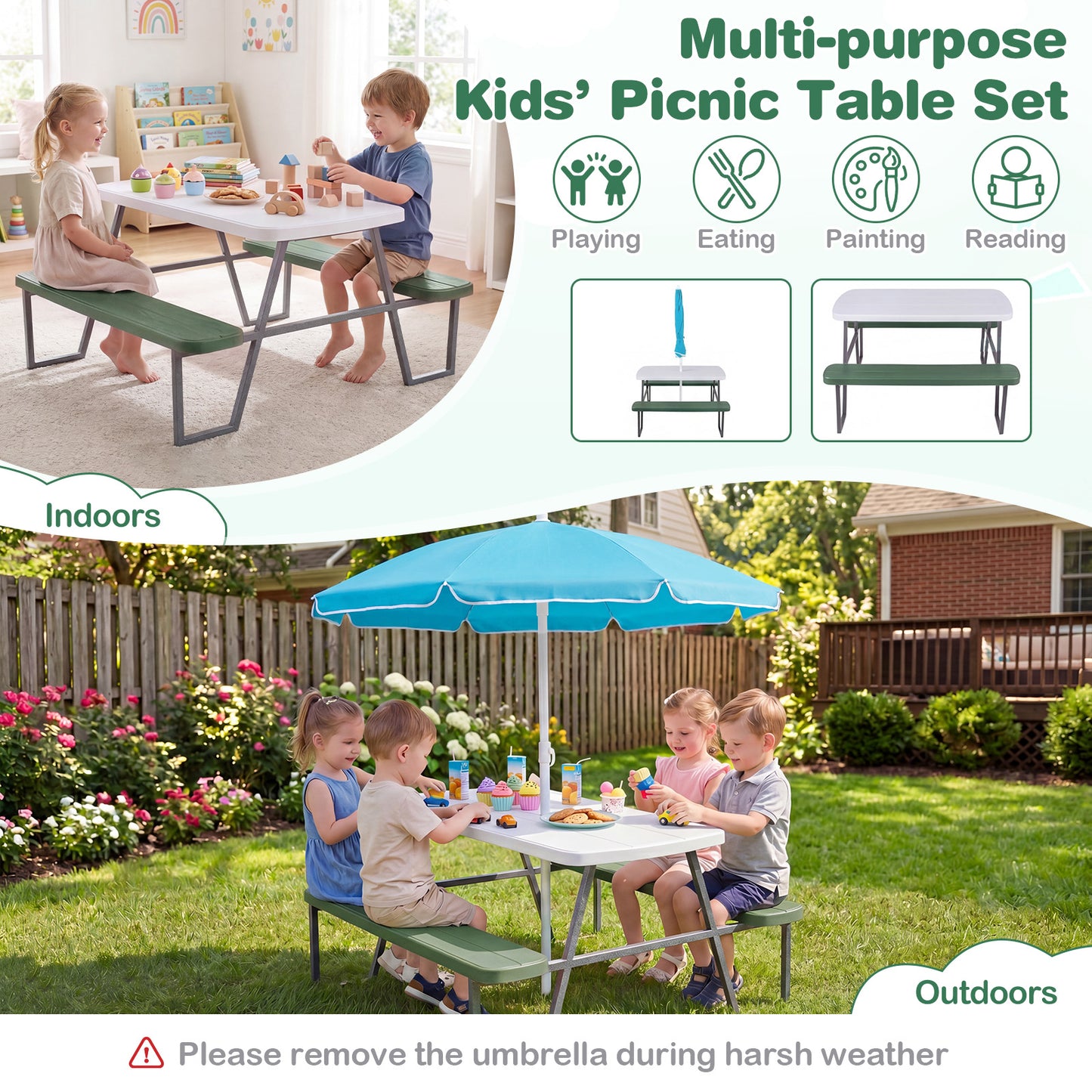 Green Kids Picnic Table With Umbrella Benches | Seats 4