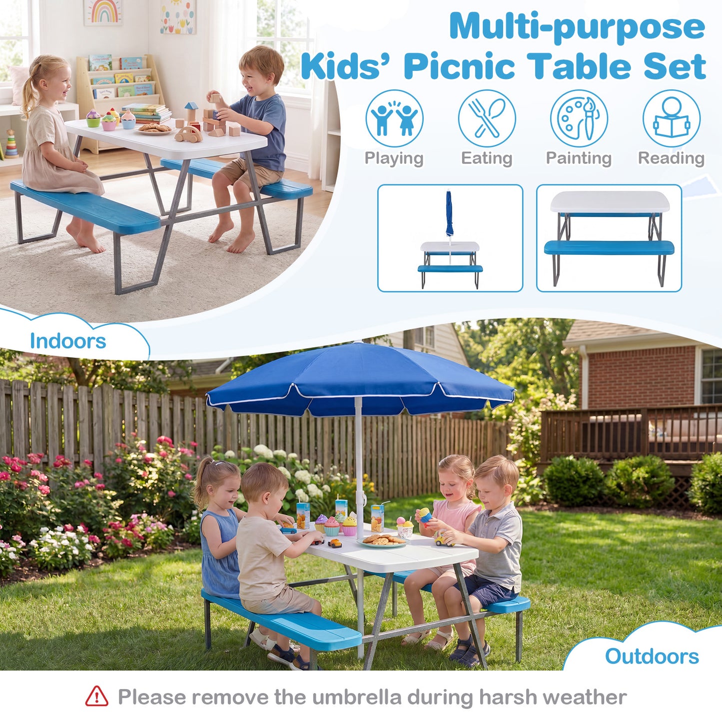 Blue Kids Picnic Table with Benches & Umbrella | Seats 4