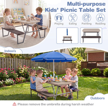Kids Picnic Table With Umbrella & Benches | Brown Seats 4