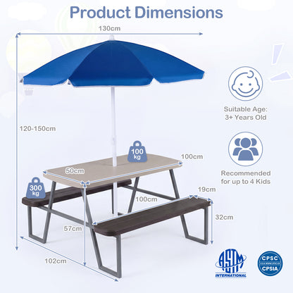 Kids Picnic Table With Umbrella & Benches | Brown Seats 4
