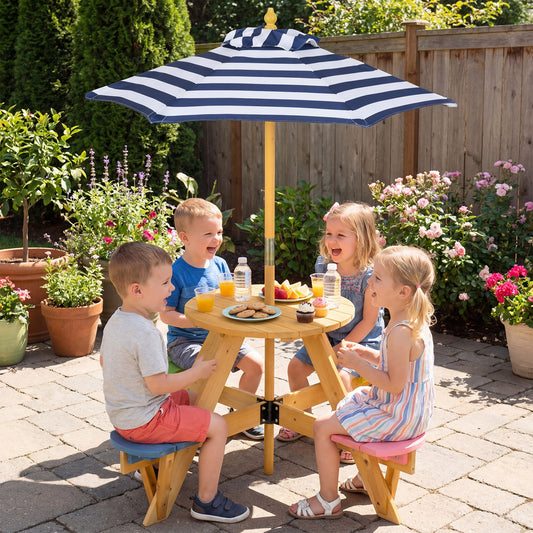 Kids Picnic Table Set With Umbrella 4 Stools | Blue Fir Wood