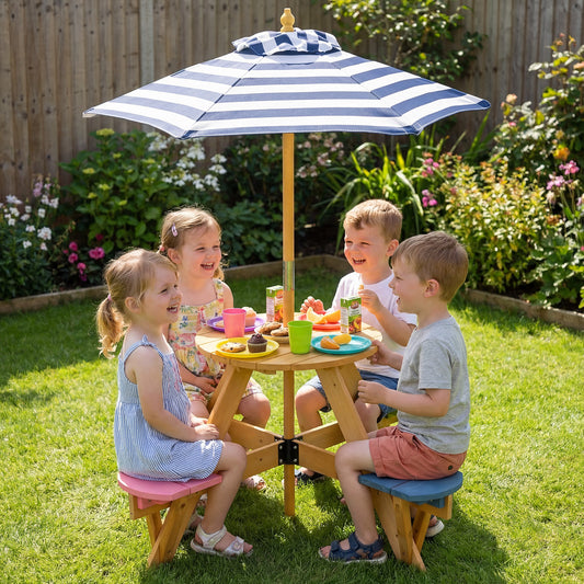 Kids Picnic Table Set With Umbrella 4 Stools | Blue Fir Wood