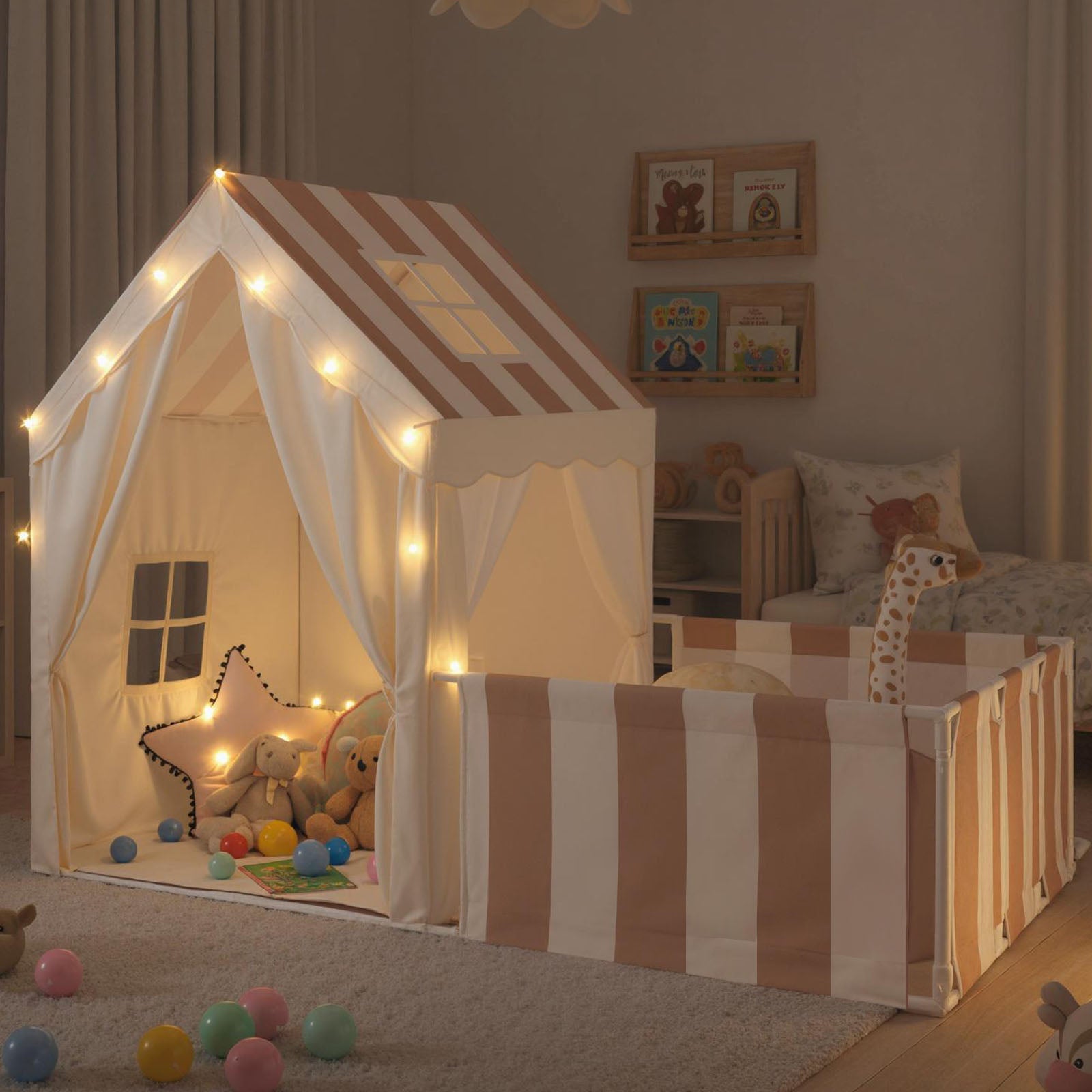 2-in-1 Kids Play Tent with Playpen and Washable Cotton Mat-Beige