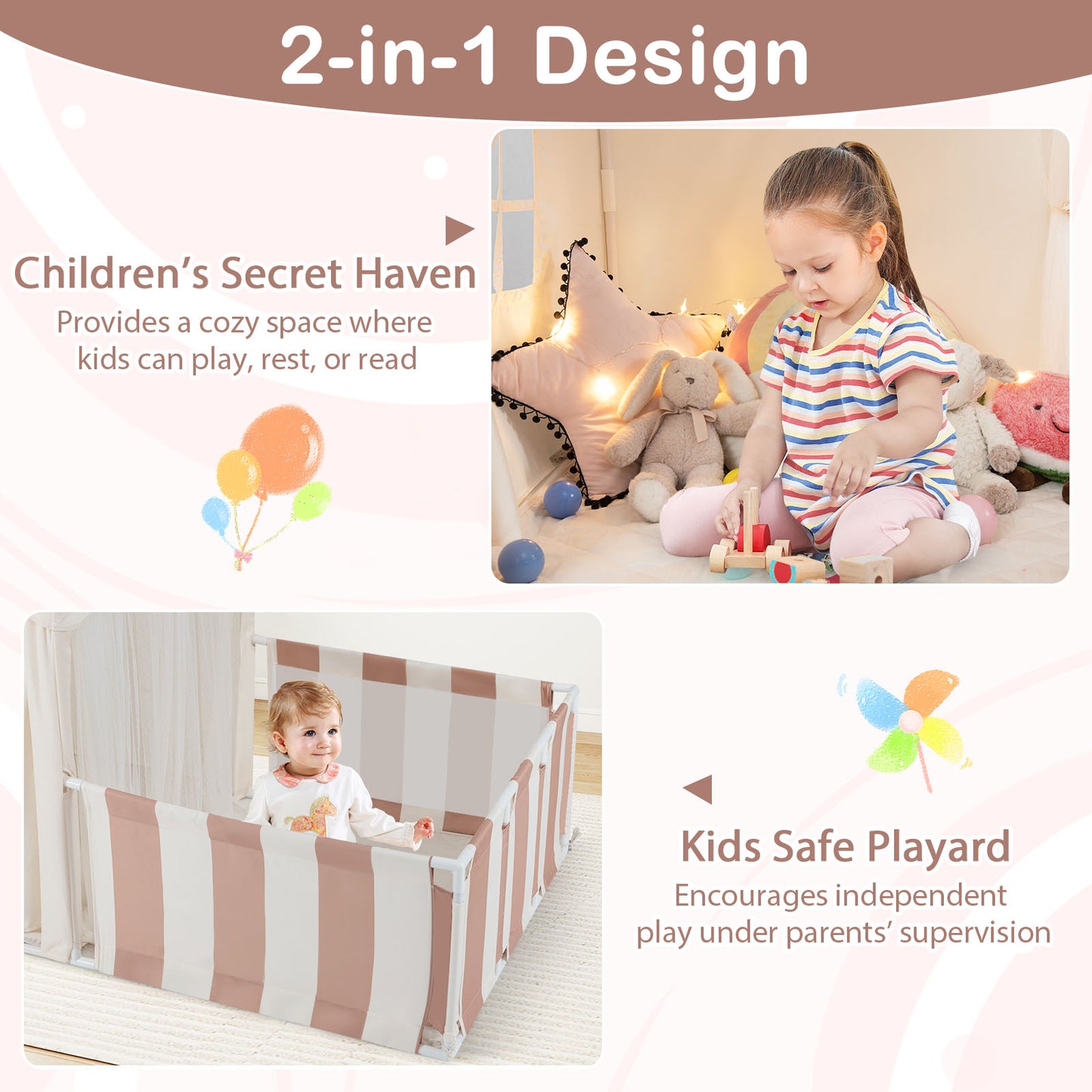 2 In 1 Kids Play Tent Playpen | Star Lights | Beige Mat