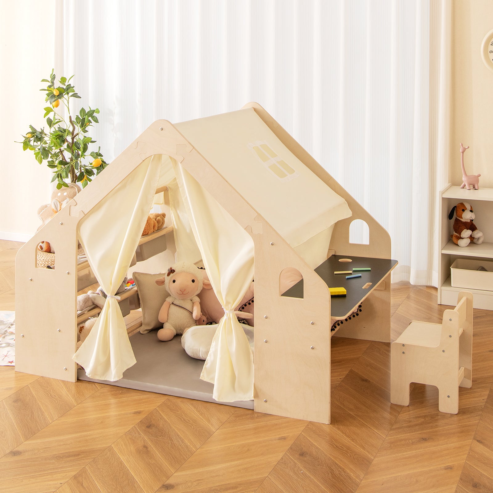 6-in-1 Kids Playhouse Wooden Indoor Play Tent with Blackboard and 6 Storage Bins & Floor Cushion-Beige