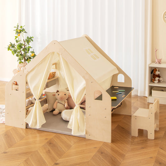 6-in-1 Kids Playhouse Wooden Indoor Play Tent with Blackboard and 6 Storage Bins & Floor Cushion-Beige
