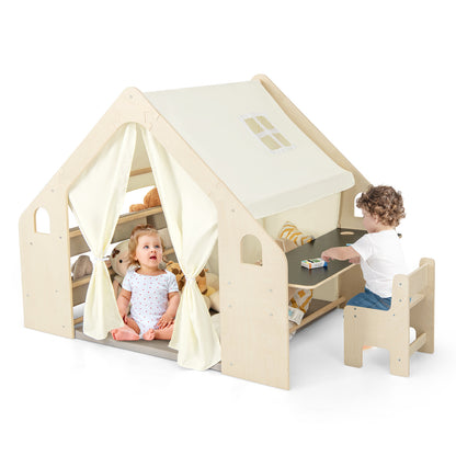 6 In 1 Wooden Kids Playhouse | Tent Table Chair Storage Natural