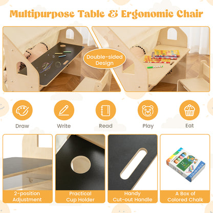 6 In 1 Wooden Kids Playhouse | Tent Table Chair Storage Natural