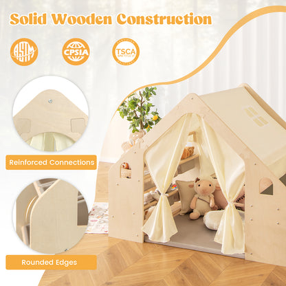 6 In 1 Wooden Kids Playhouse | Tent Table Chair Storage Natural