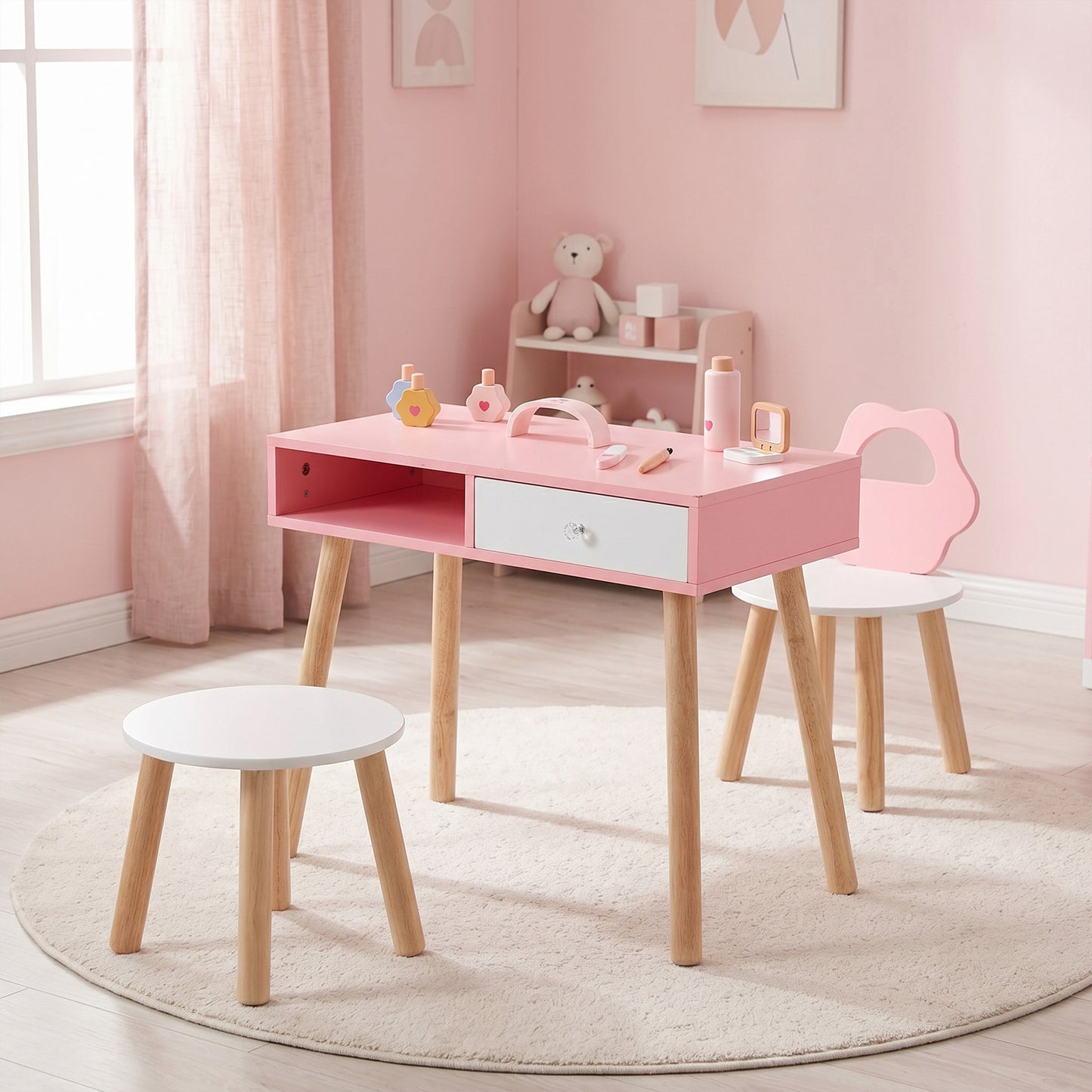 Pink Kids Nail Salon Playset | Table Chair Stool With Accessories
