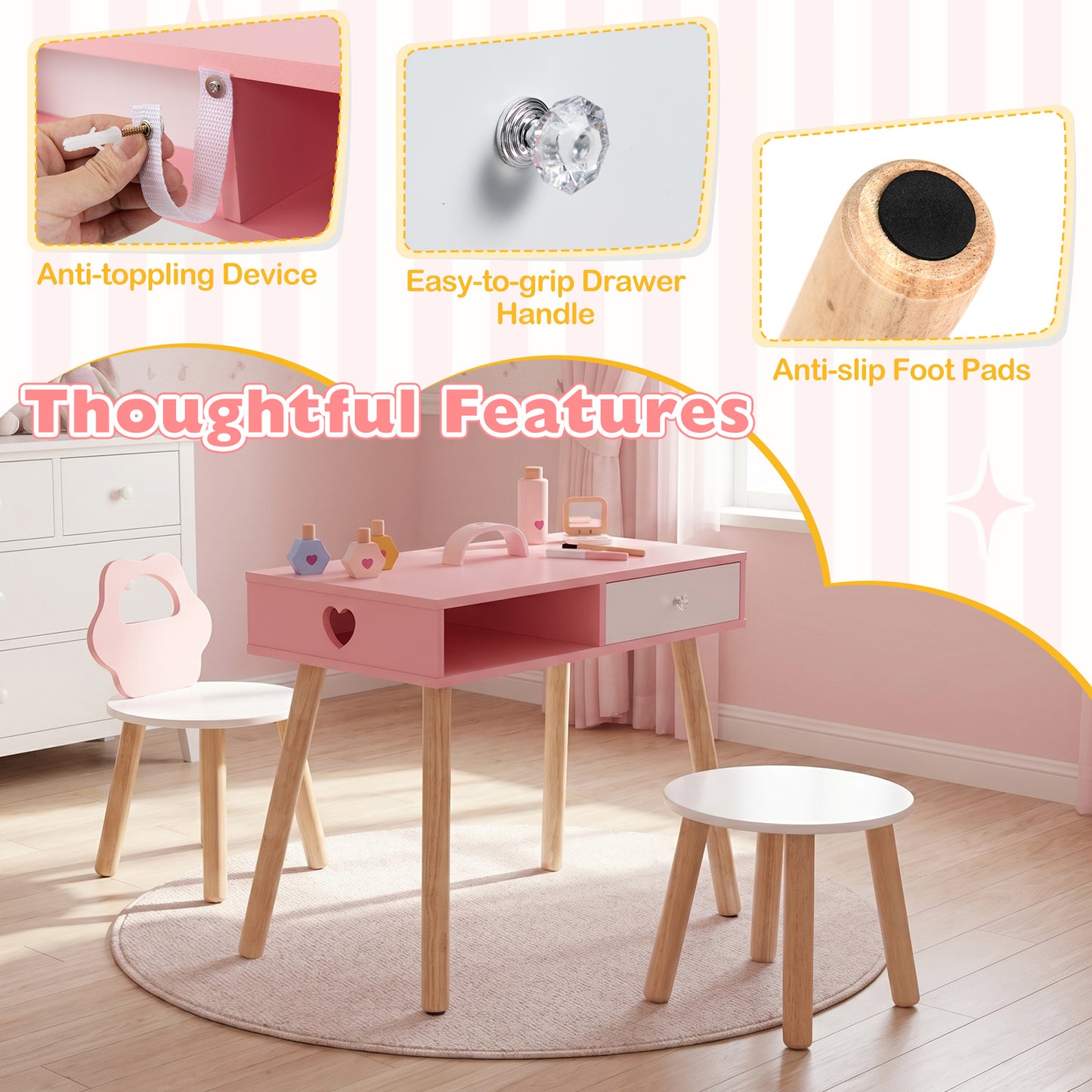 Pink Kids Nail Salon Playset | Table Chair Stool With Accessories