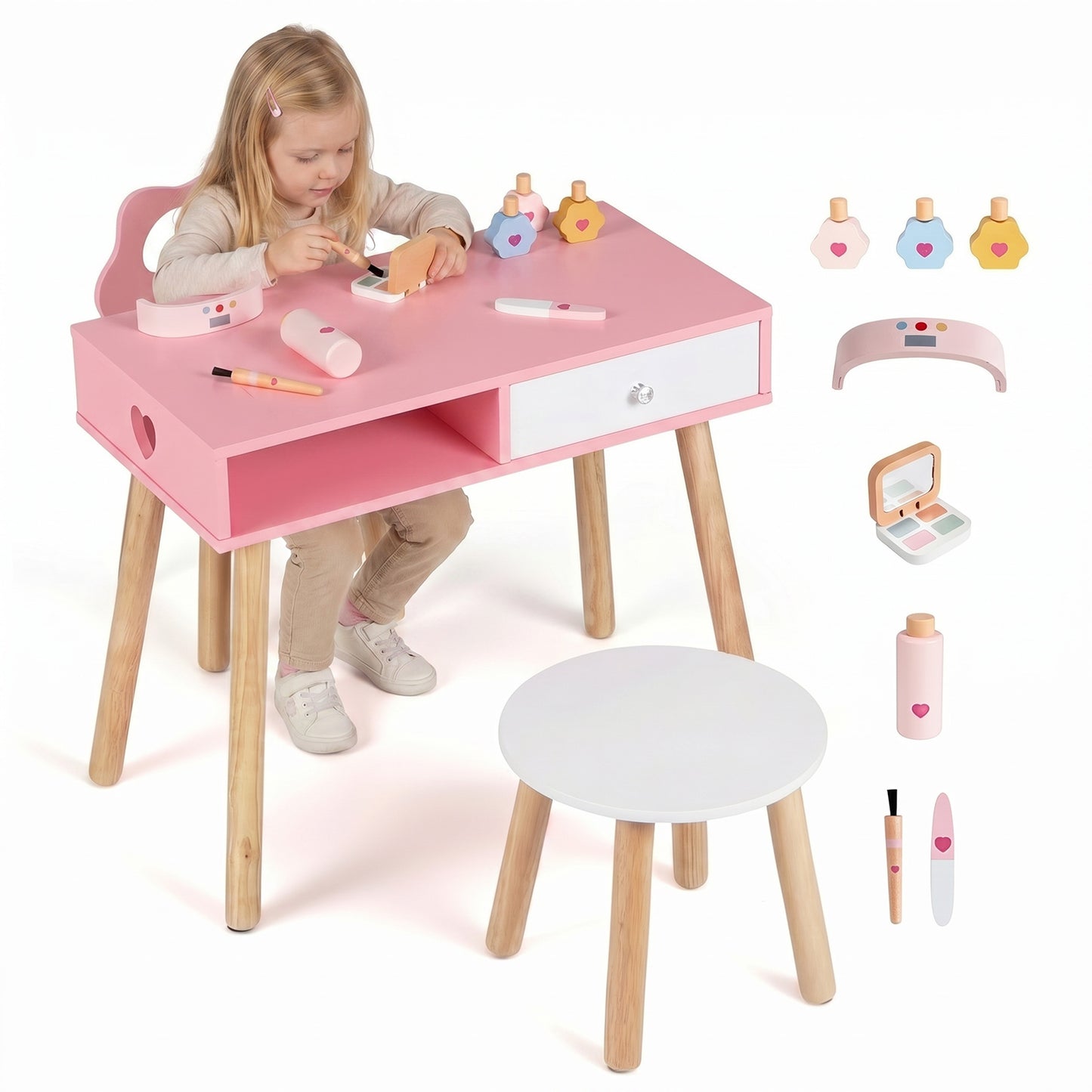 Pink Kids Nail Salon Playset | Table Chair Stool With Accessories
