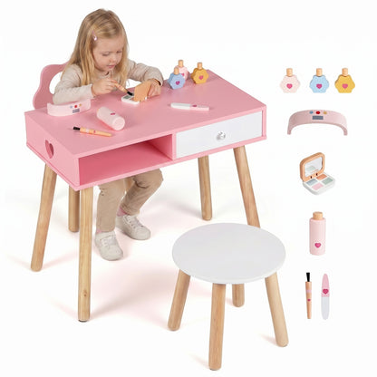 Pink Kids Nail Salon Playset | Table Chair Stool With Accessories