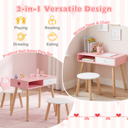 Pink Kids Nail Salon Playset | Table Chair Stool With Accessories