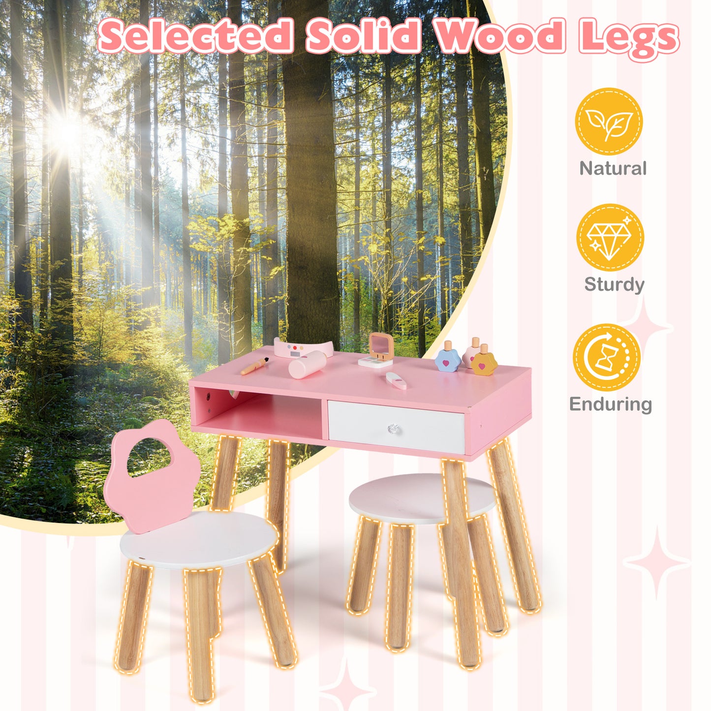 Pink Kids Nail Salon Playset | Table Chair Stool With Accessories