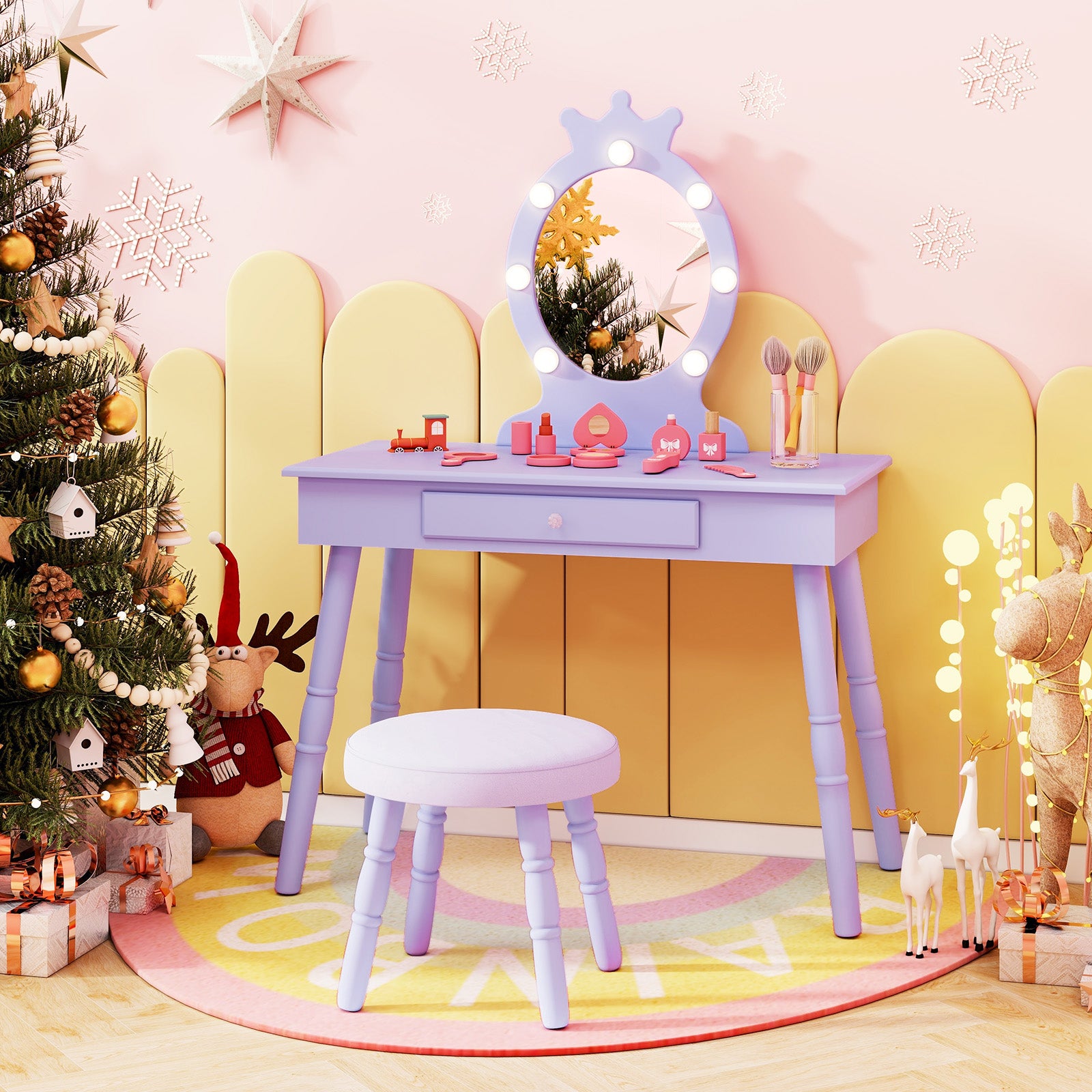 Kids Princess Makeup Vanity Set with LED Lighted Mirror and Stool-Purple