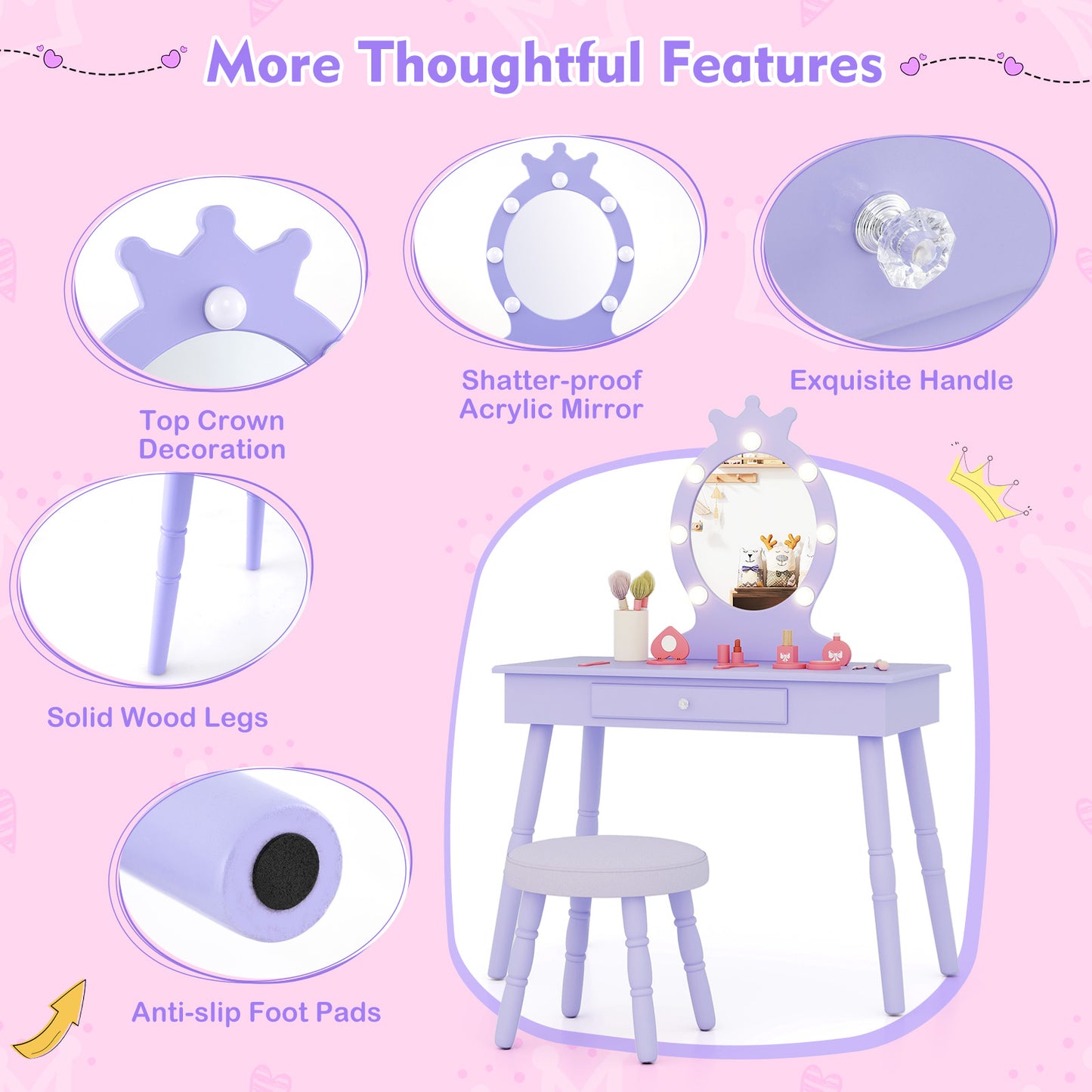 Kids Princess Makeup Vanity Set LED Mirror Stool Purple Pink