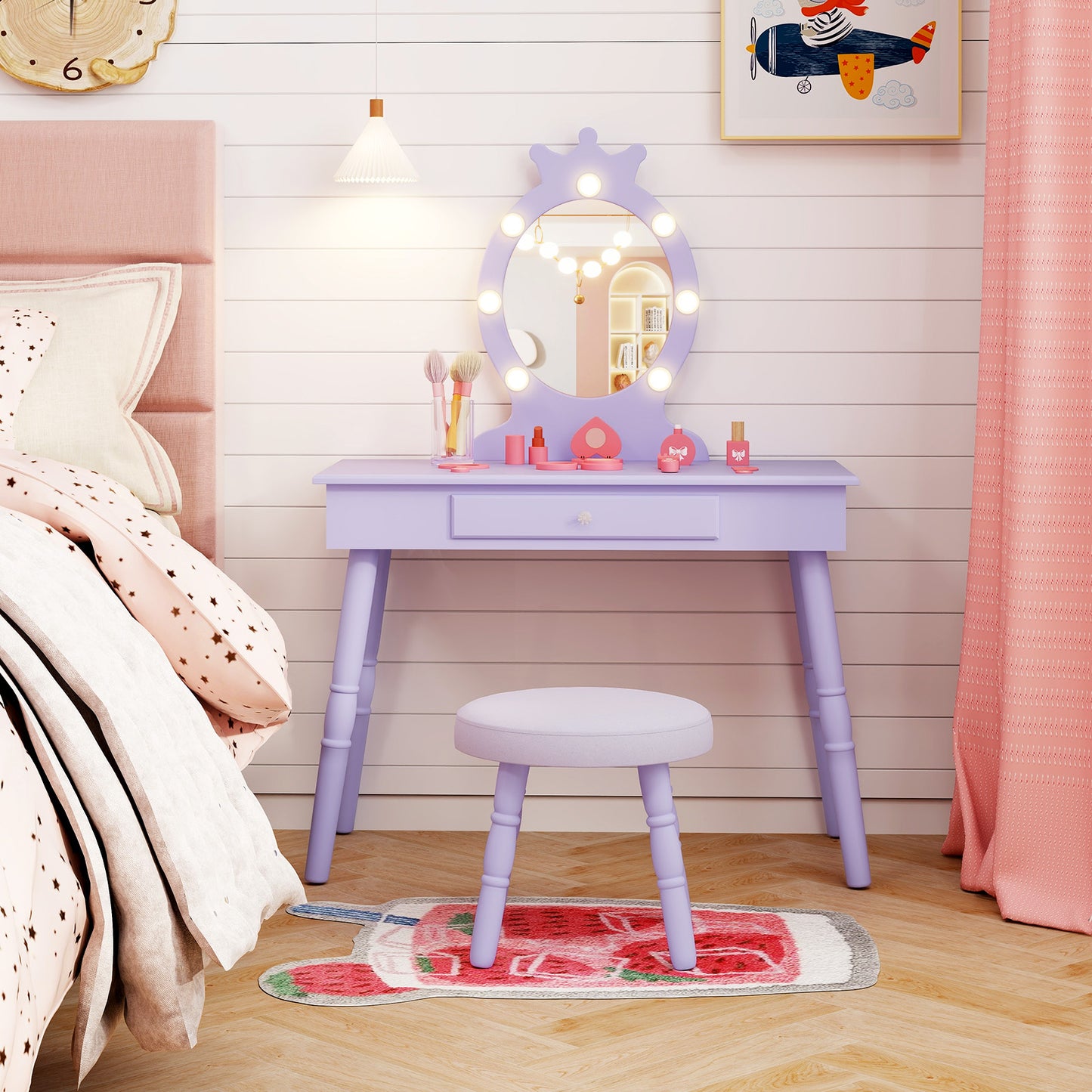 Kids Princess Makeup Vanity Set LED Mirror Stool Purple Pink