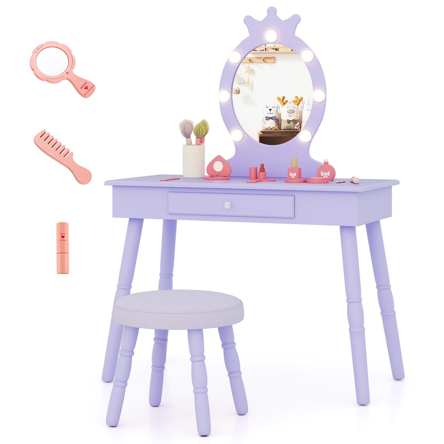 Kids Princess Makeup Vanity Set LED Mirror Stool Purple Pink