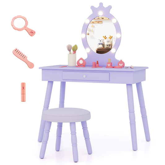 Kids Princess Makeup Vanity Set LED Mirror Stool Purple Pink
