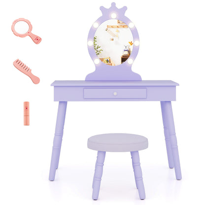 Kids Princess Makeup Vanity Set LED Mirror Stool Purple Pink