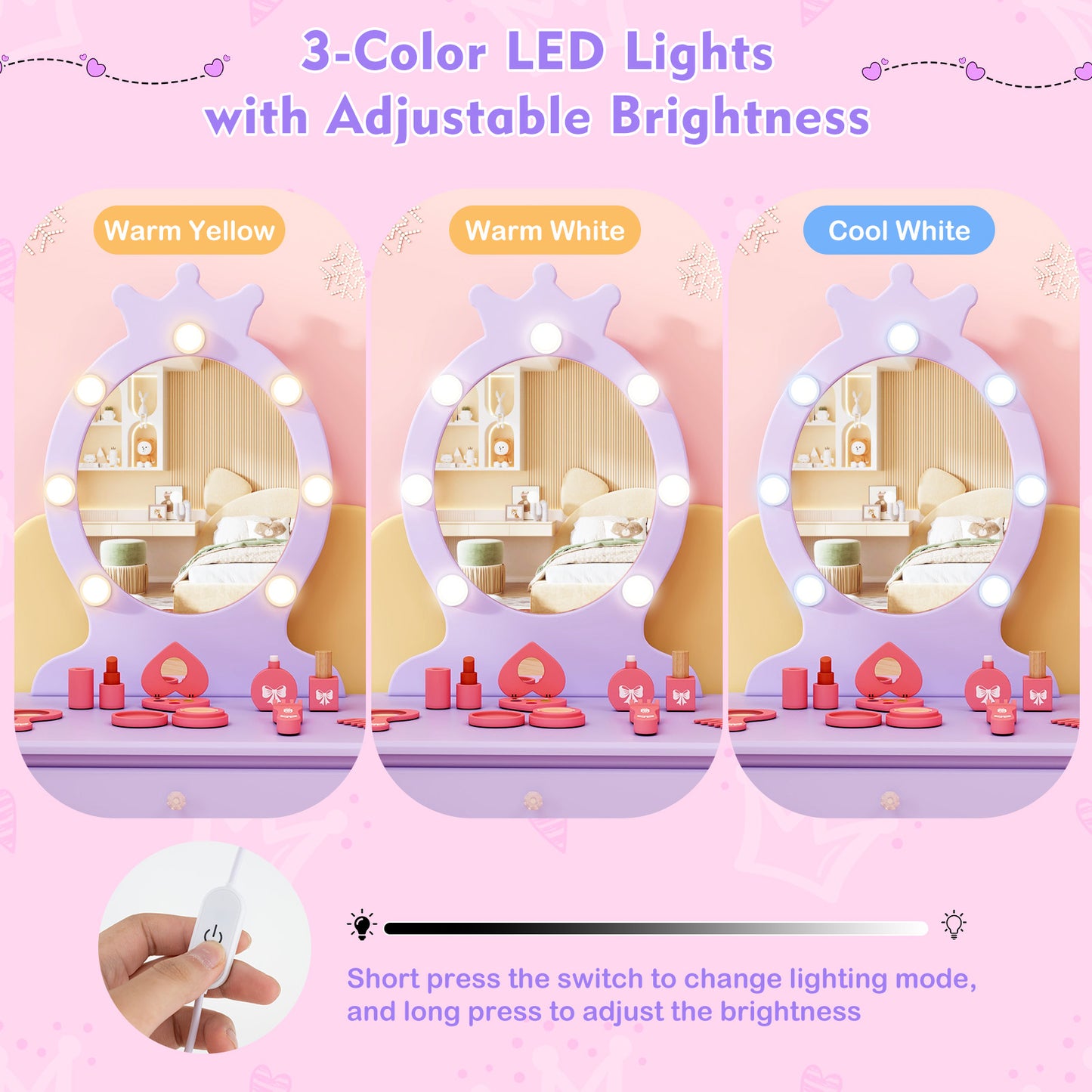 Kids Princess Makeup Vanity Set LED Mirror Stool Purple Pink