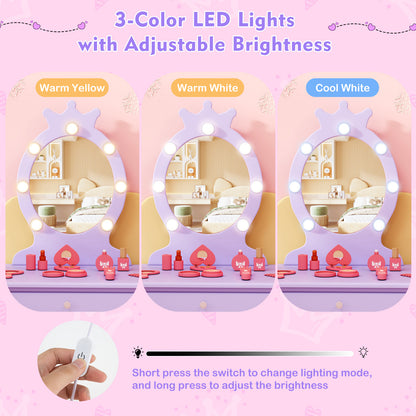 Kids Princess Makeup Vanity Set LED Mirror Stool Purple Pink