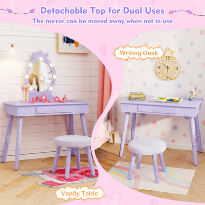 Kids Princess Makeup Vanity Set LED Mirror Stool Purple Pink