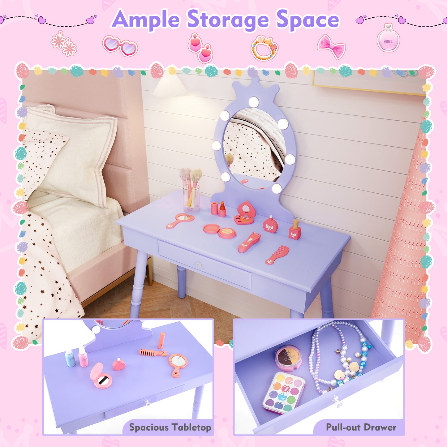 Kids Princess Makeup Vanity Set LED Mirror Stool Purple Pink