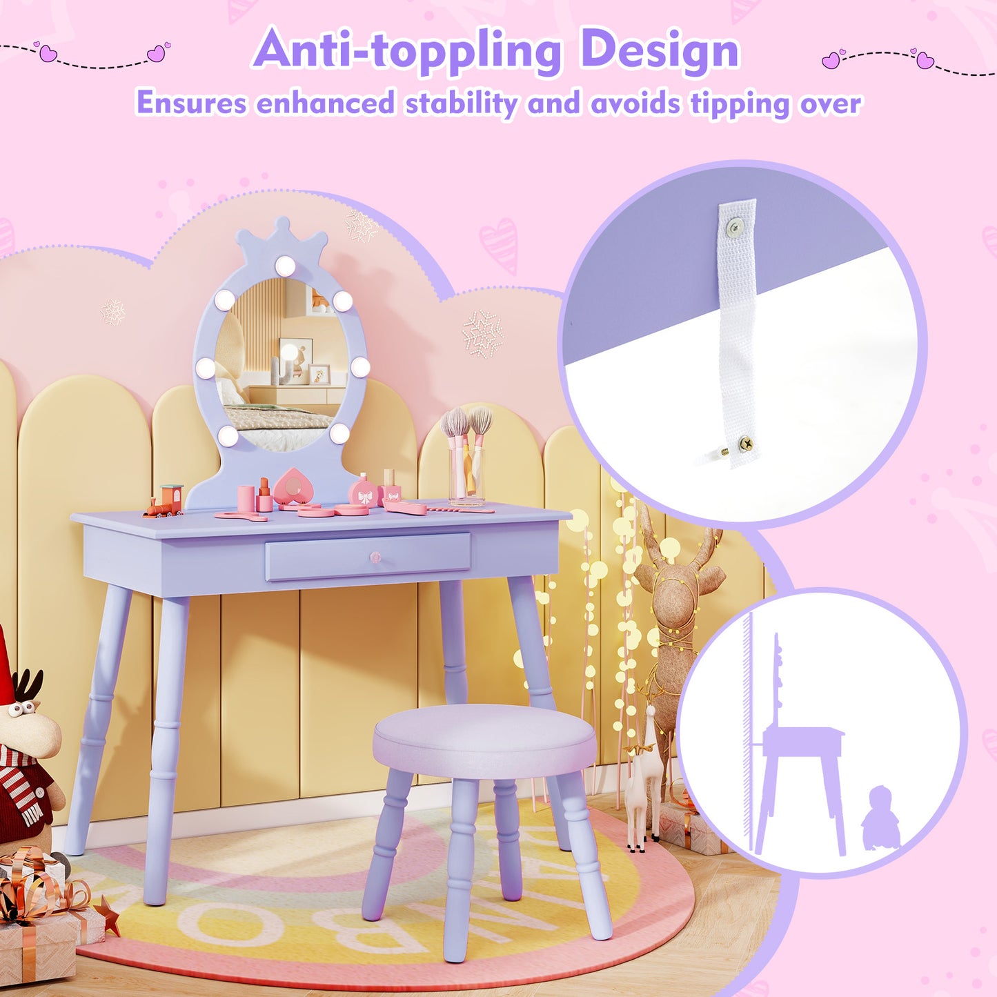 Kids Princess Makeup Vanity Set LED Mirror Stool Purple Pink