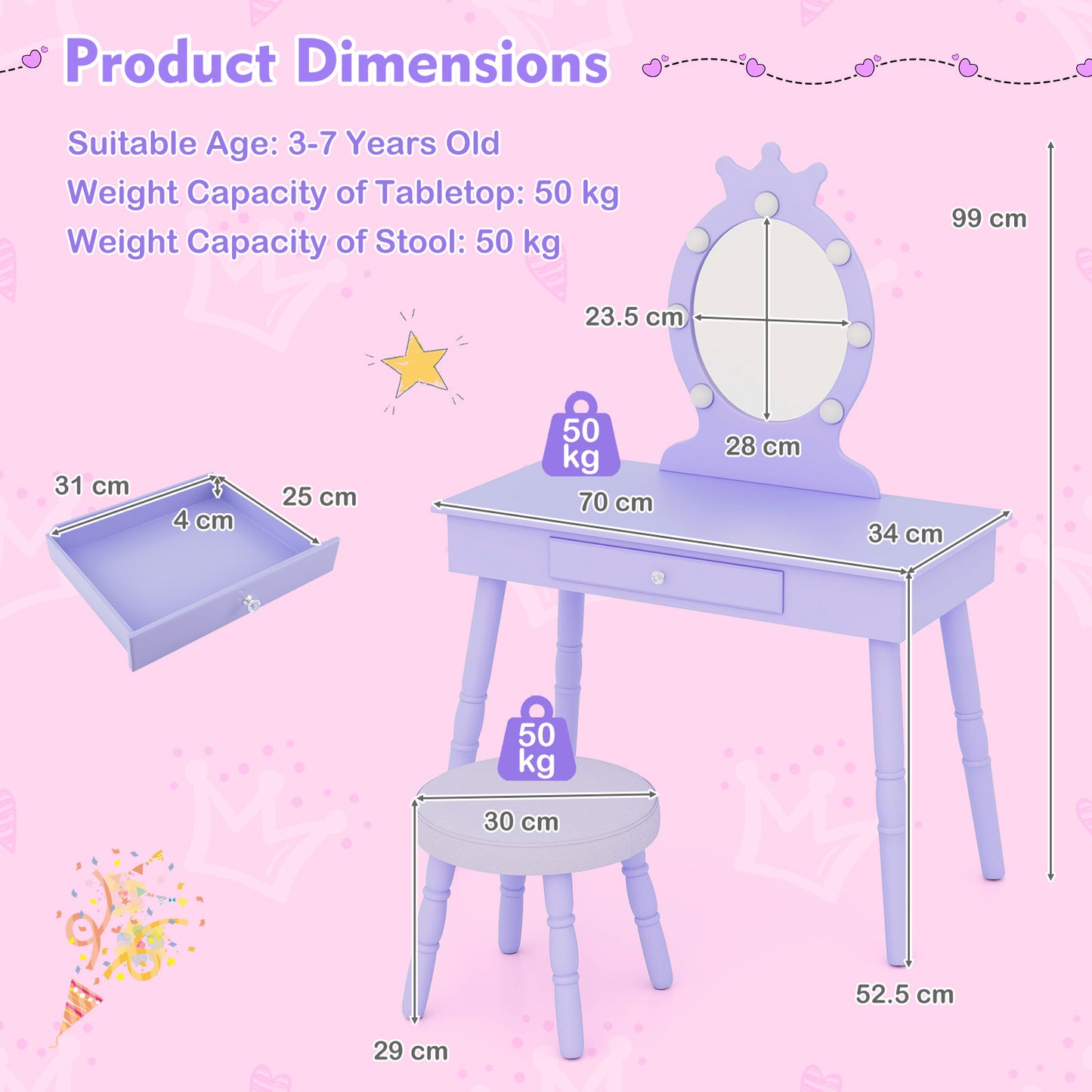 Kids Princess Makeup Vanity Set LED Mirror Stool Purple Pink