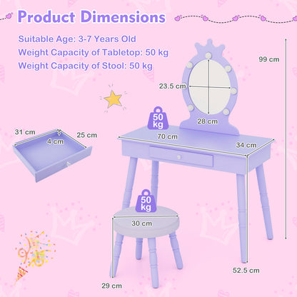 Kids Princess Makeup Vanity Set LED Mirror Stool Purple Pink