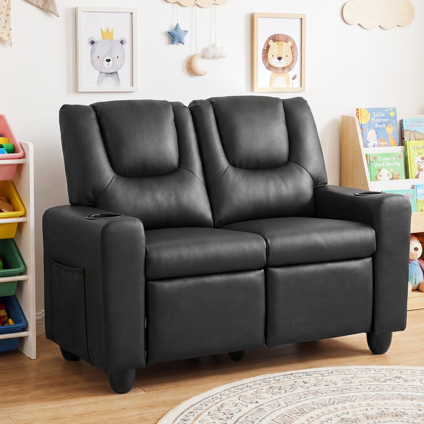 Costway 2-Seater Kids Recliner Chair with 2 Cup Holders and 2 Side Storage Pockets -Black
