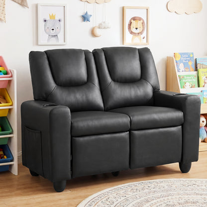 Costway 2-Seater Kids Recliner Chair with 2 Cup Holders and 2 Side Storage Pockets -Black