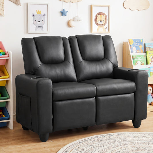 Costway 2-Seater Kids Recliner Chair with 2 Cup Holders and 2 Side Storage Pockets -Black