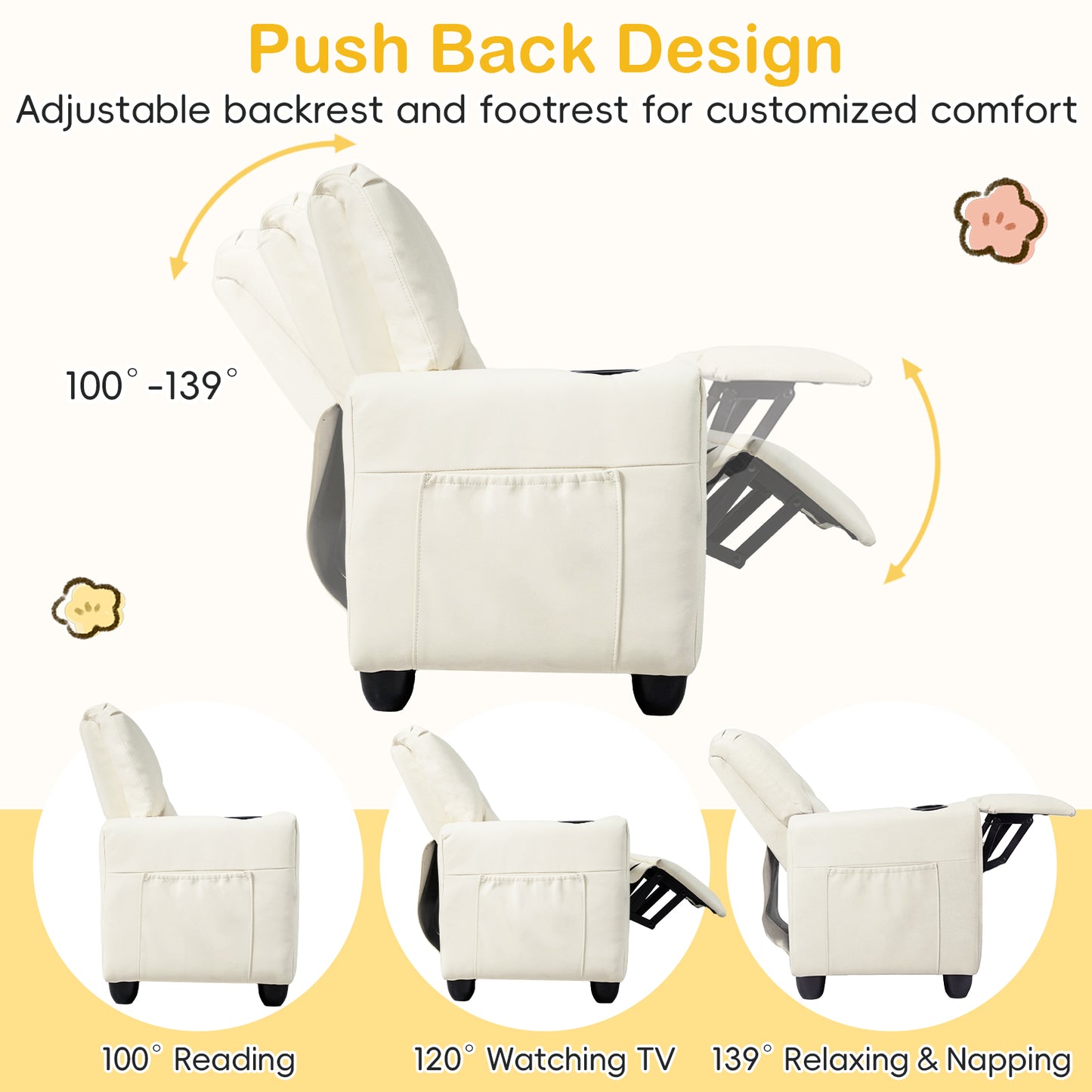 Beige 2 Seater Kids Recliner | Cup Holders & Storage Pockets