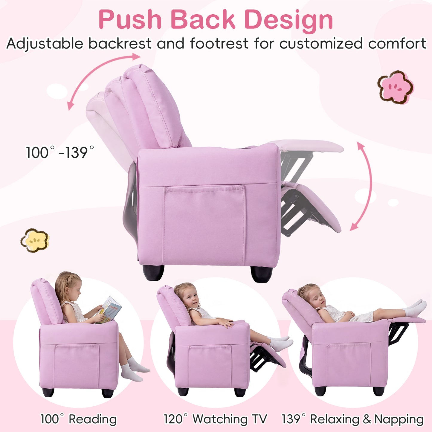 Pink 2-Seater Kids Recliner | Cup Holders & Storage Pockets