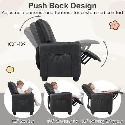 Black 2 Seater Kids Recliner | Cup Holders & Storage Pockets