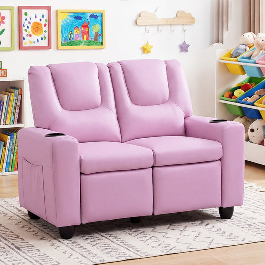 Costway 2-Seater Kids Recliner Chair with 2 Cup Holders and 2 Side Storage Pockets -Pink