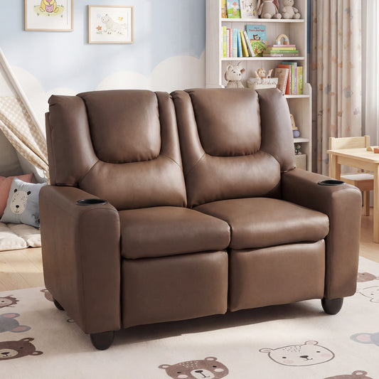 Costway 2-Seater Kids Recliner Chair with 2 Cup Holders and 2 Side Storage Pockets -Brown