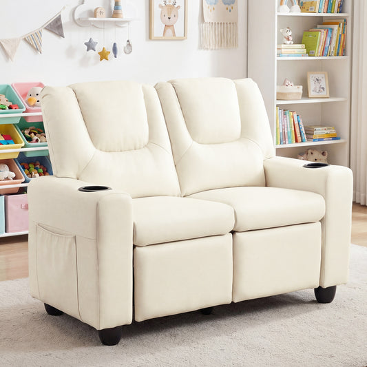 Costway 2-Seater Kids Recliner Chair with 2 Cup Holders and 2 Side Storage Pockets -Beige
