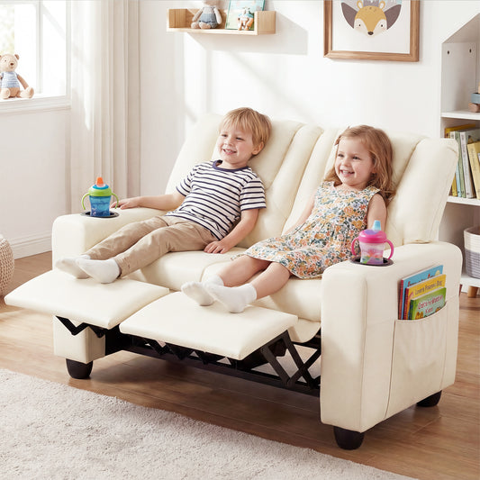 Beige 2 Seater Kids Recliner | Cup Holders & Storage Pockets