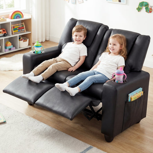 Black 2 Seater Kids Recliner | Cup Holders & Storage Pockets