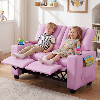 Pink 2-Seater Kids Recliner | Cup Holders & Storage Pockets